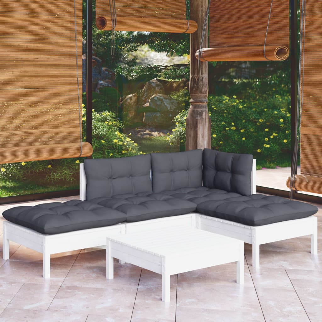 5-tlg. Garten-Lounge-Set mit Kissen Weiss Kiefernholz
